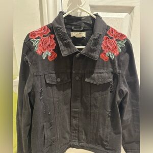 Black Denim Jacket with Red Floral Embroidery